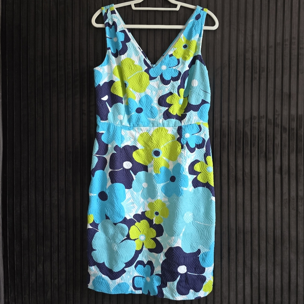 Lilly Pulitzer Floral Cotton Sleeveless V-Neck Dress Blue Green Size 12